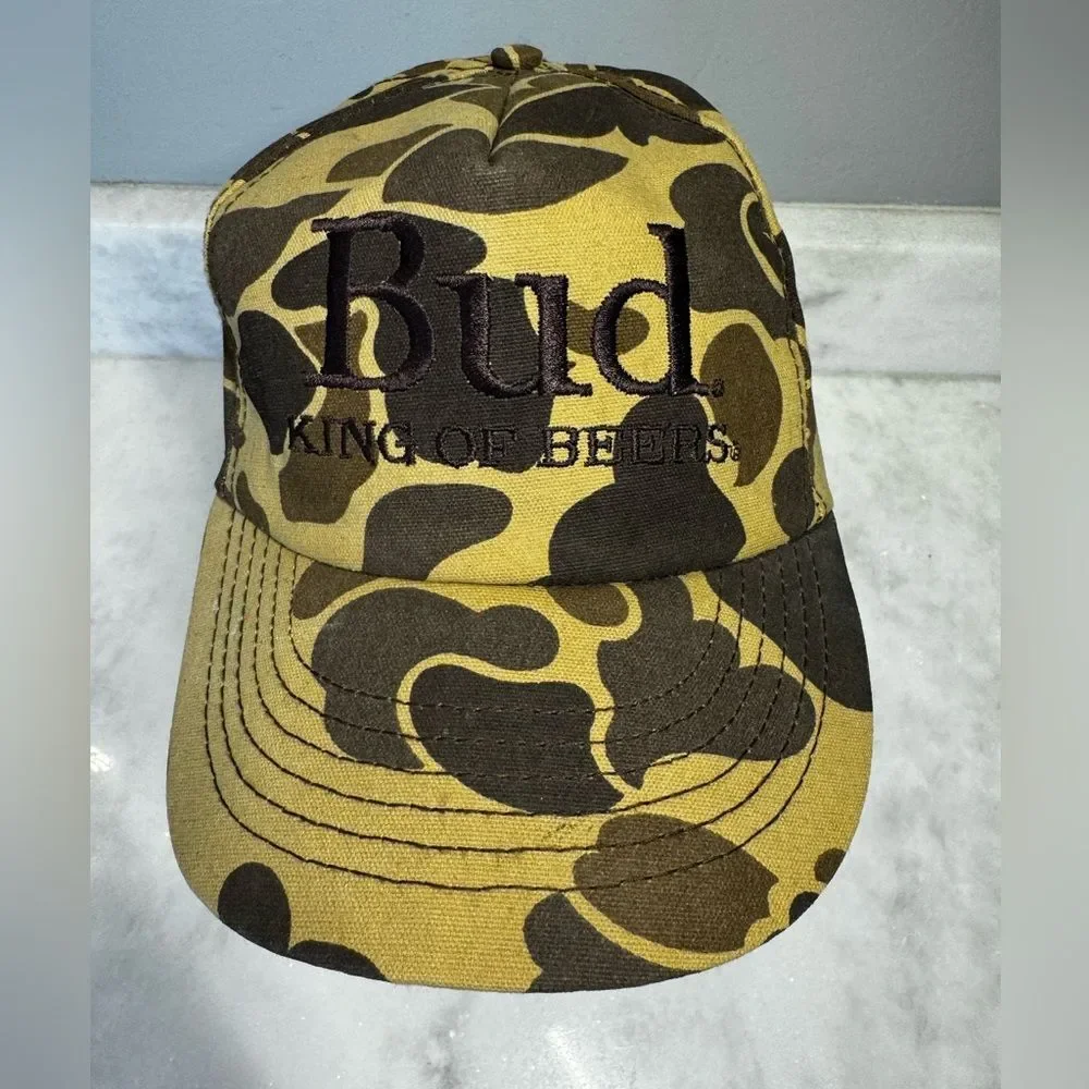 Vintage Bud King Of Beers Hat Cap Mens Snapback Brown Camouflage Made in USA 80s